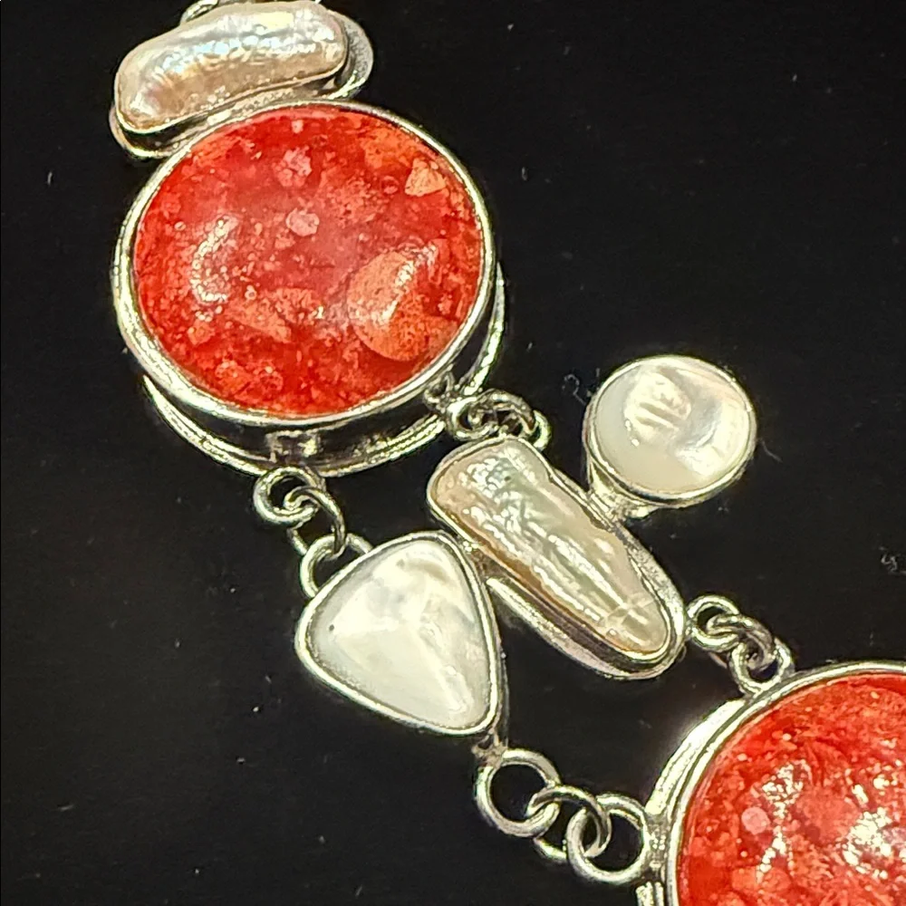 Elegant Red, Silver Pearl Necklace!! - Picture 2 of 7